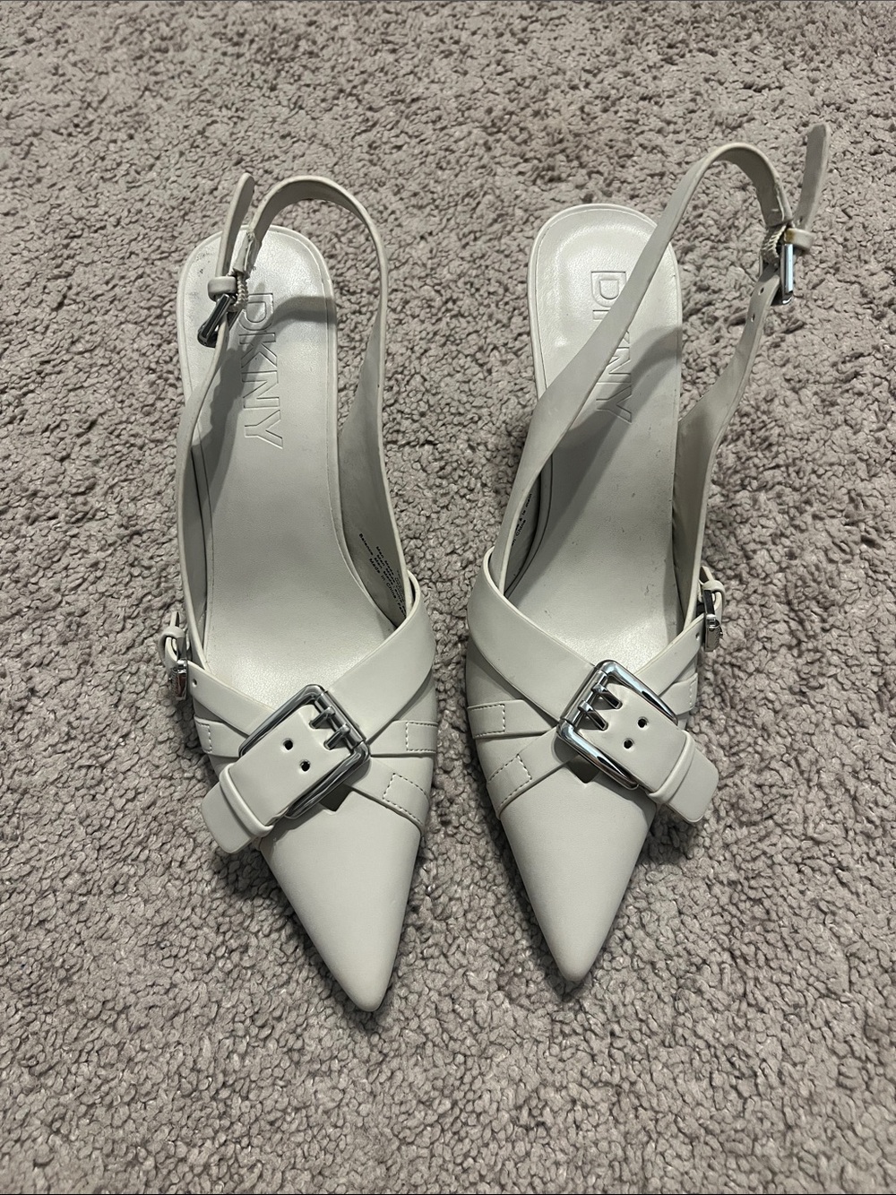 DKNY White Pointed Slingback Heels with Buckle
